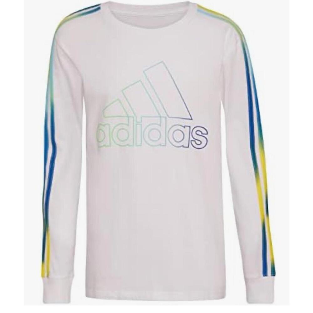Adidas Boys T Shirt White Long Sleeve Crew Neck Graphic Pullover Size L 14/16